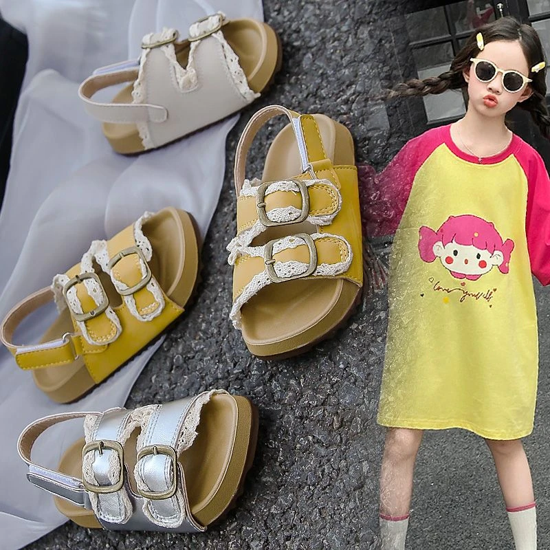 新款2025厚底皮带扣勃肯凉鞋女童百搭复古编织一字带露趾凉拖鞋