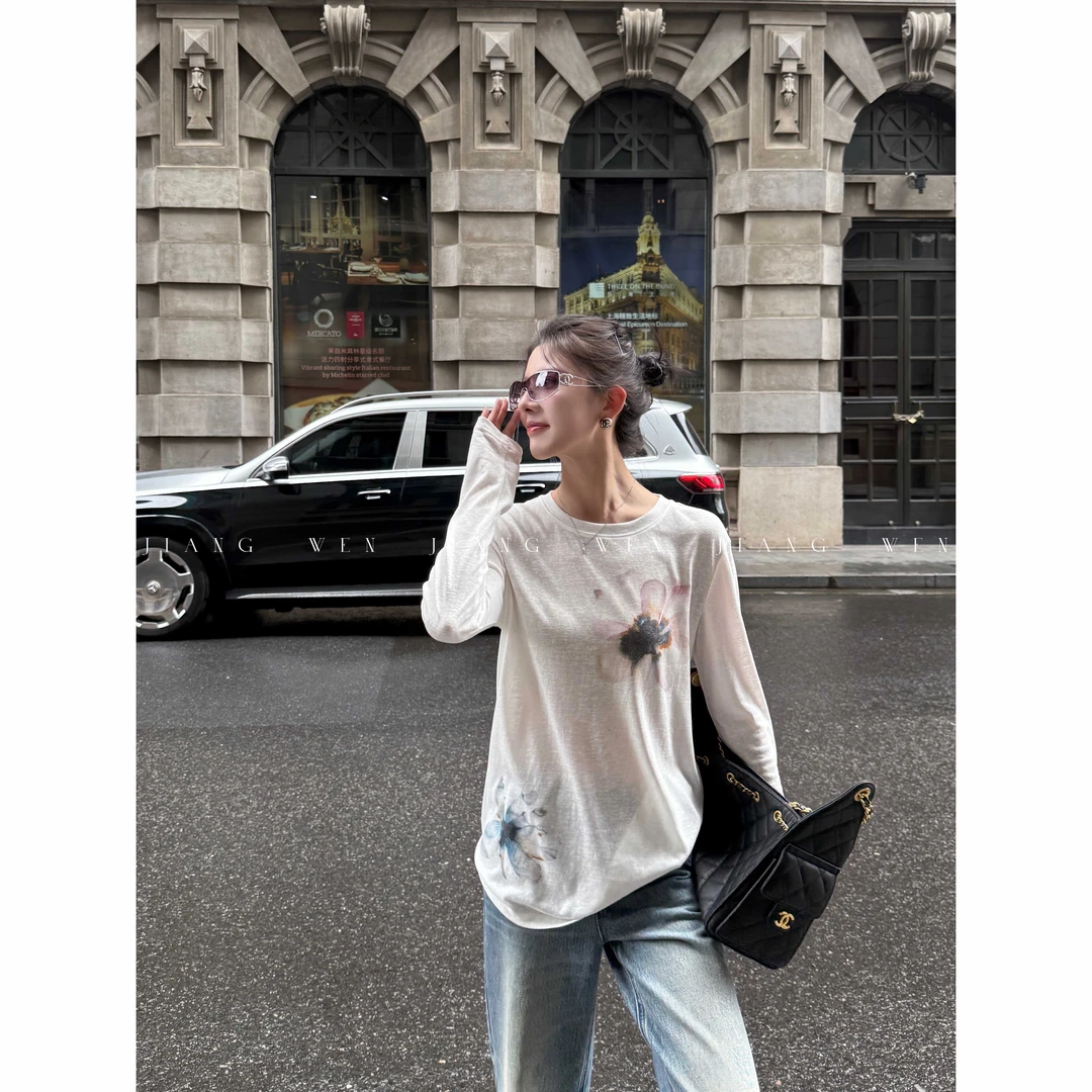 【霜降TEE】韩系花朵印花白色防晒慵懒松弛感长袖