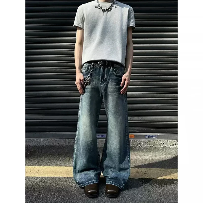 水洗复古蓝微喇牛仔裤男款美式高街vibe裤子cleanfit直筒阔腿长裤