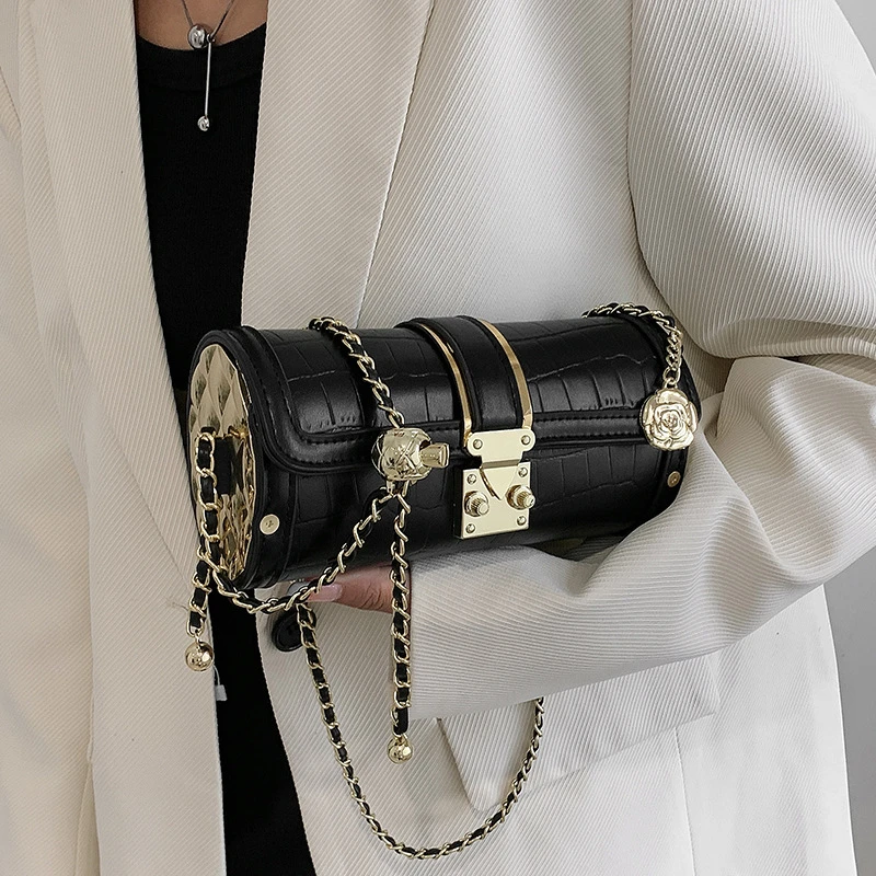 质感小包包女2025新款潮时尚洋气链条单肩圆筒包斜挎包水桶包