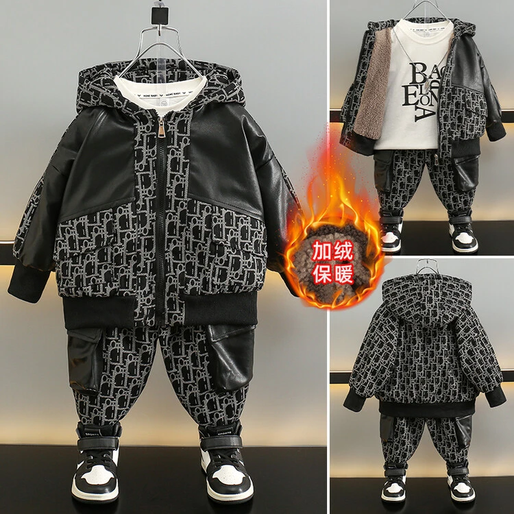 洋气童装小童爆款春秋儿童2024牛仔拼皮加绒加厚套装90-150 现货