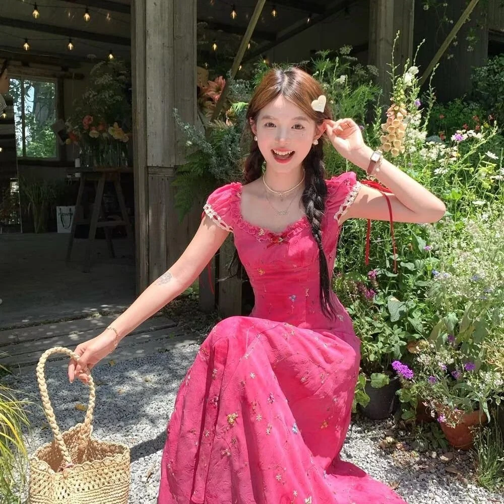 夏季新款女士轻奢复古风玫粉色连衣裙莉克夏季古着挂脖牛仔连衣裙