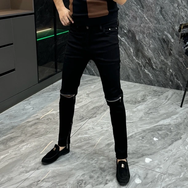 3598-男士时尚欧货修身小脚黑色弹力拉链牛仔裤