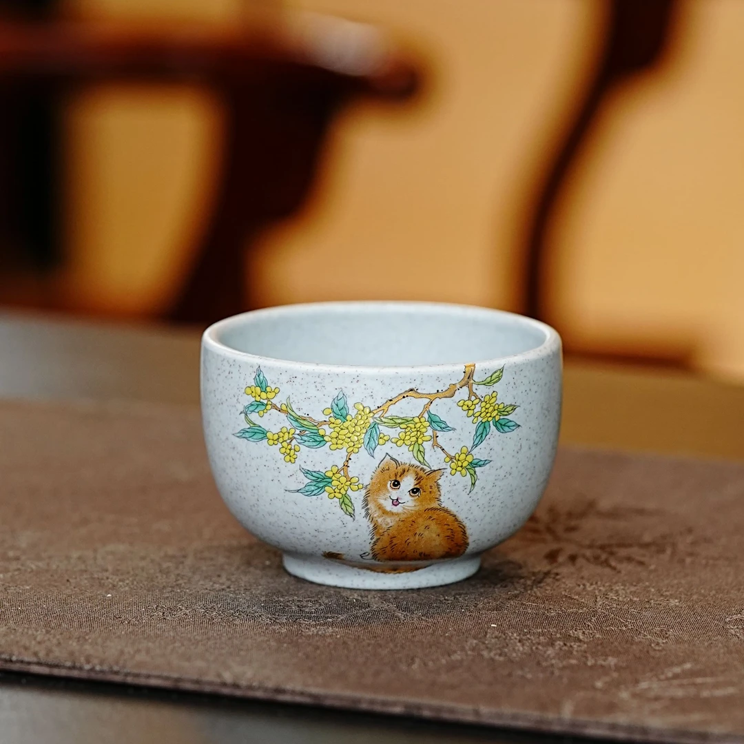 宜兴原矿茶具  芝麻段手工彩绘猫咪小容量加底紫砂主人杯纯手工
