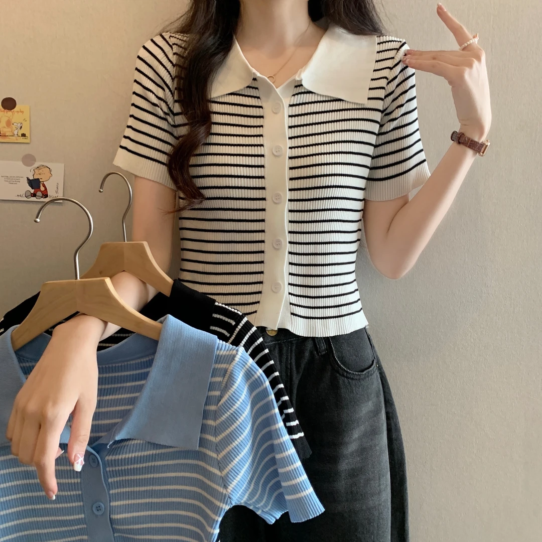 春款上新 条纹针织衫女polo领短款春季设计感小众小个子短袖上衣