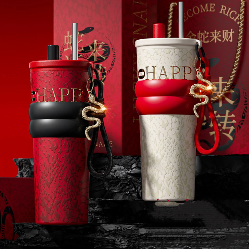 2025新款女高颜值吸管保温杯陶瓷内胆蛇年限定杯子520送礼物水杯