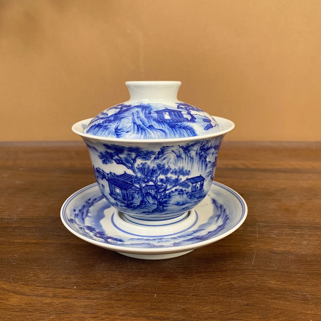 【九茗珍藏】宋画山水三才盖碗160cc 手工手绘景德镇茶具