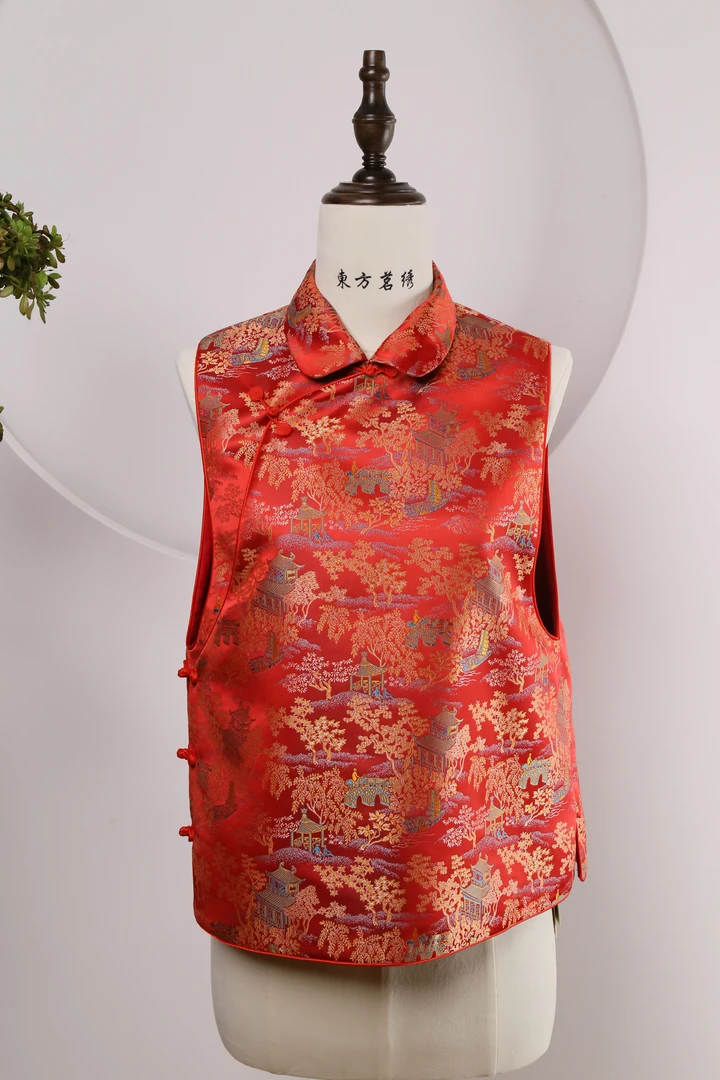 织锦缎红色马甲新年喜庆红色马甲