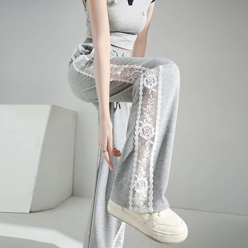 冰丝阔腿裤女夏季薄款蕾丝花边拼接女士夏天运动直筒凉凉防晒裤子