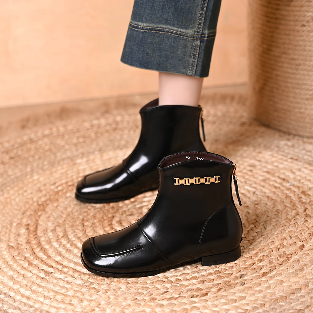 气质舒适方头粗跟链条时尚短靴2025秋冬新款后拉链百搭软底小皮靴