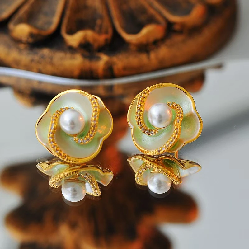 铜合金耳饰 A10125---精致百搭时尚气质油画山茶花耳钉开口戒