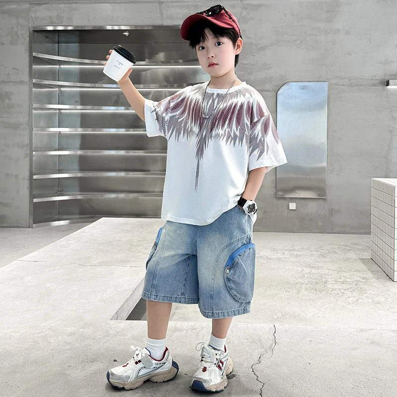 男童夏装2025新款T恤套装潮流洋气痞帅中大童潮酷帅气套装