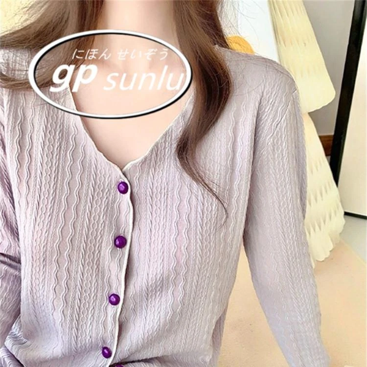 日本GP小香风棉质无领睡衣女春秋款带胸垫一体长袖套装简约家居服