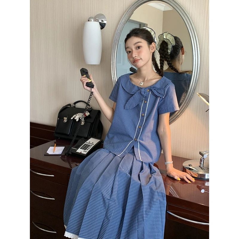 Jiang jam/姜姜姜酱学院风领子两穿侧门襟压褶半裙套装