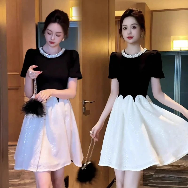 2025夏季新款法式轻奢气质优雅连衣裙女名媛拼色时尚显瘦中长裙子