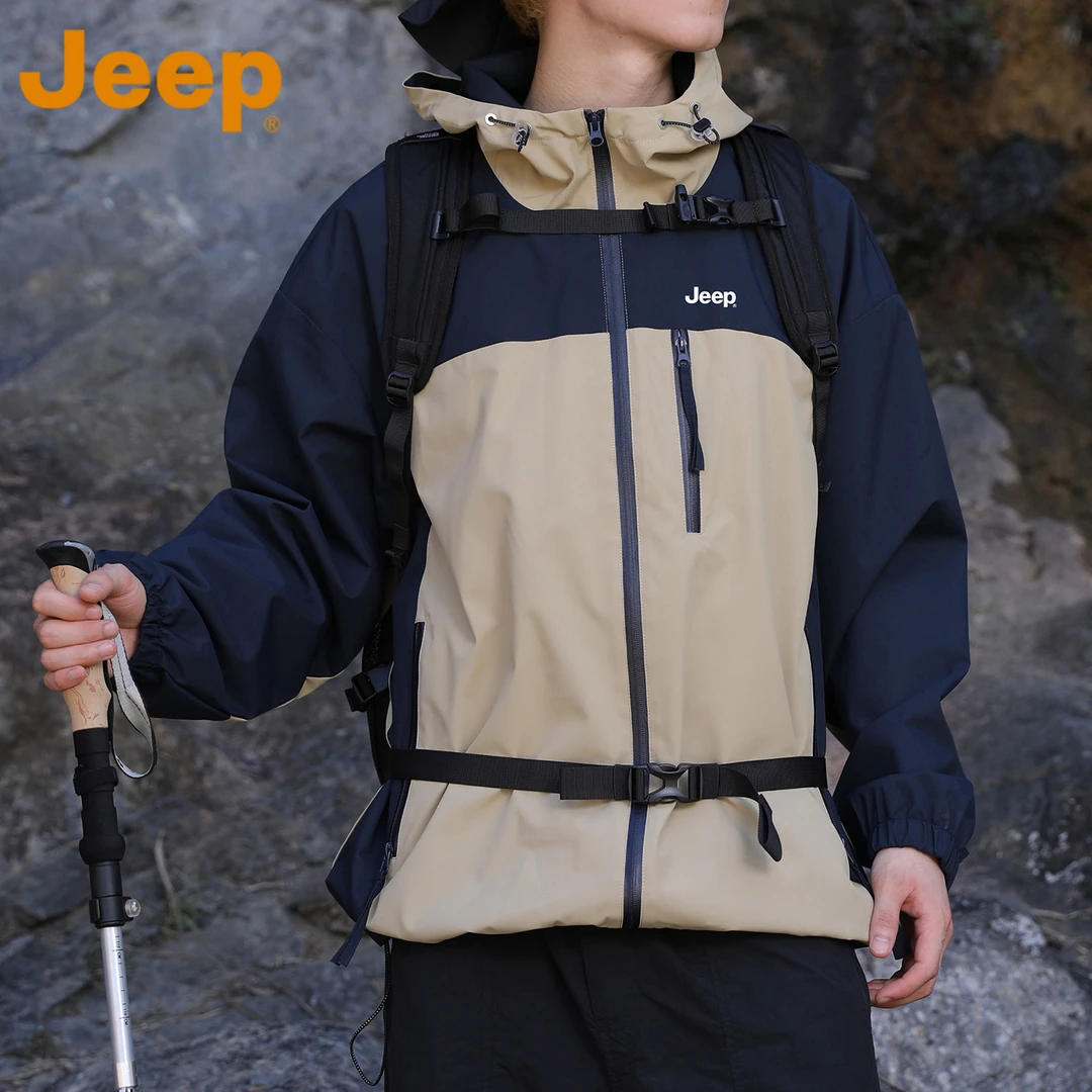 JEEP吉普户外拼色夹克男士春秋季户外徒步山系冲锋外套情侣款上衣