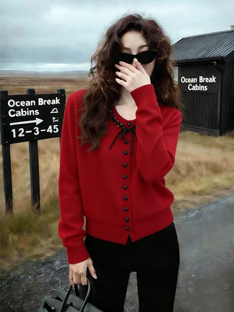 本命年红色亮片钉珠针织开衫女2025冬季新款百搭喜庆圆领毛衣外套