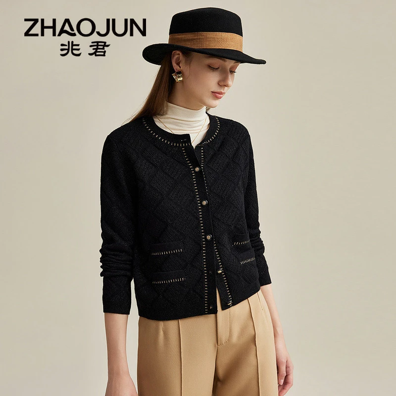 zhaojun/兆君24秋冬新款圆领撞边长袖变化花针羊毛开衫ZSS7084