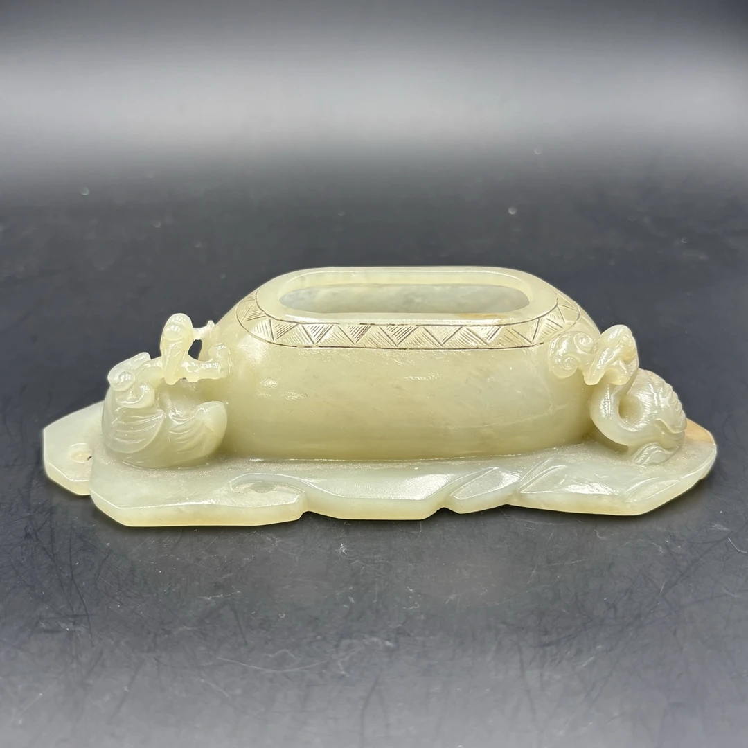 和田玉 仙鹤衔灵芝诗文水盂摆件 长3.6cm宽13cm厚6.5cm重213g