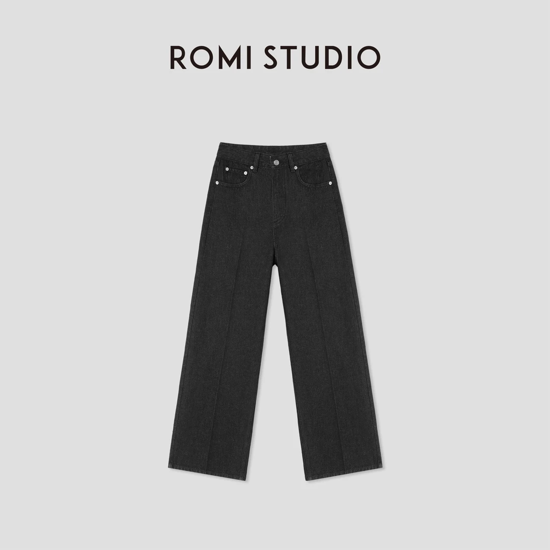 ROMI STUDIO复古极简优雅棉质斜纹洗水宽松直筒牛仔裤RWBWXD1597