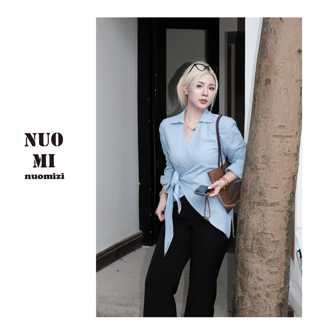 ZOZ糯米子[蓝色条纹]法式衬衫早秋宽松显瘦收腰气质设计感上衣