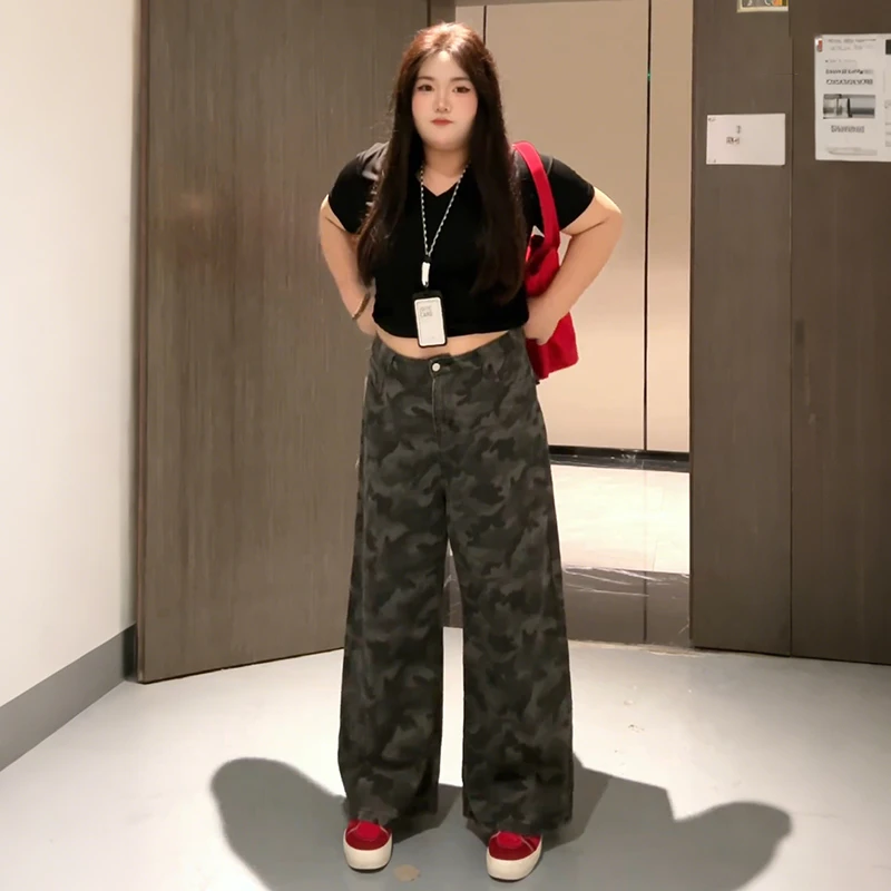 300斤美式阔腿迷彩牛仔裤女夏季大码胖mm显瘦苹果型身材直筒裤子