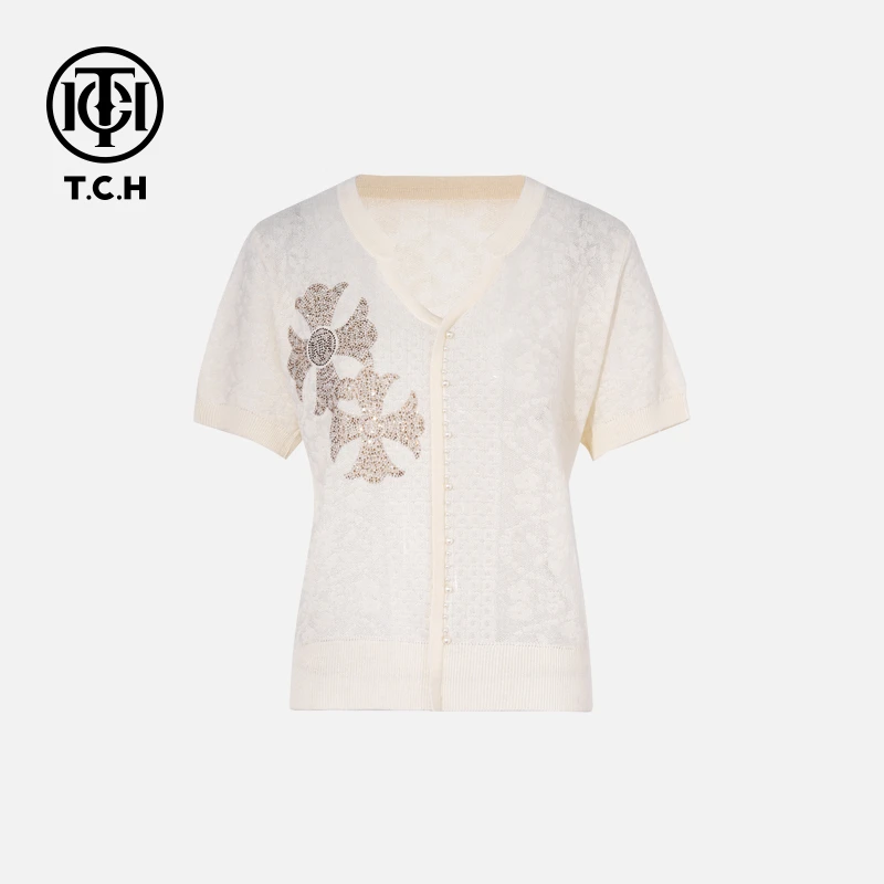 TCH私服烫钻工艺时尚休闲百搭蝴蝶结针织T恤女T75B09E1001轻奢tch