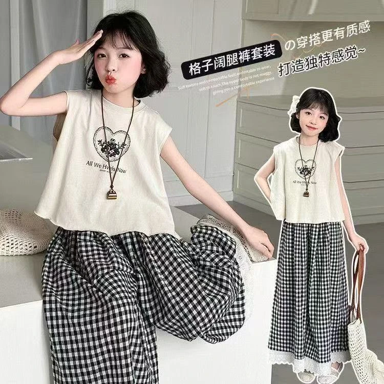 女童森系无袖背心套装夏季2025新款亲子洋气小女孩阔腿裤两件套
