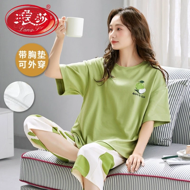 浪莎带胸垫睡衣女夏季短袖七分裤大码甜美时尚图案薄款家居服套装