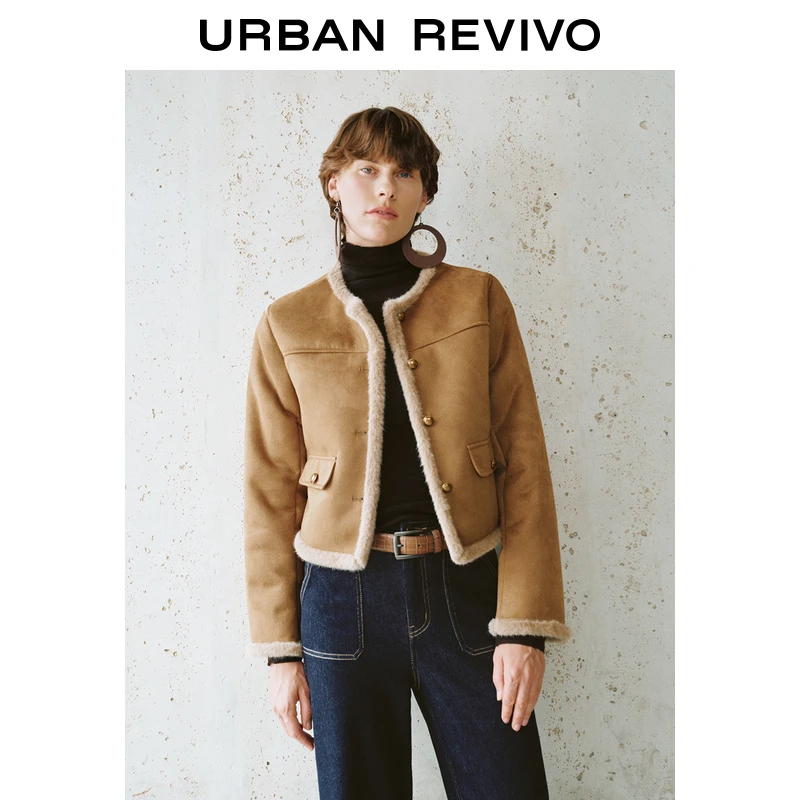 UR2025春季新品女装欧若风复古雅丹风金属扣饰拼接外套UWM150004