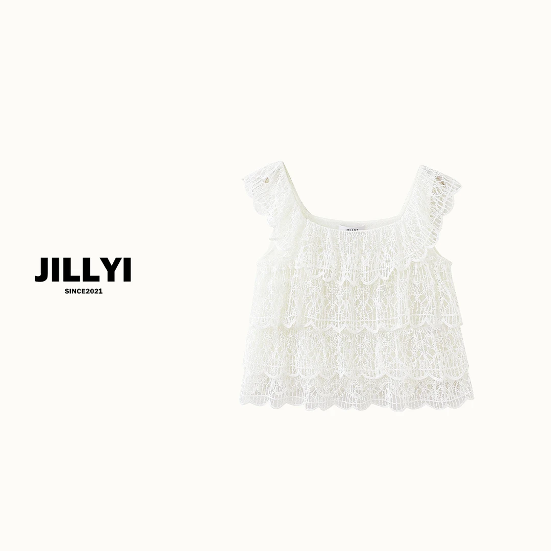 jillyi【芝士甜心】白色方领网纱公主气质时尚T恤夏季无袖甜美百搭