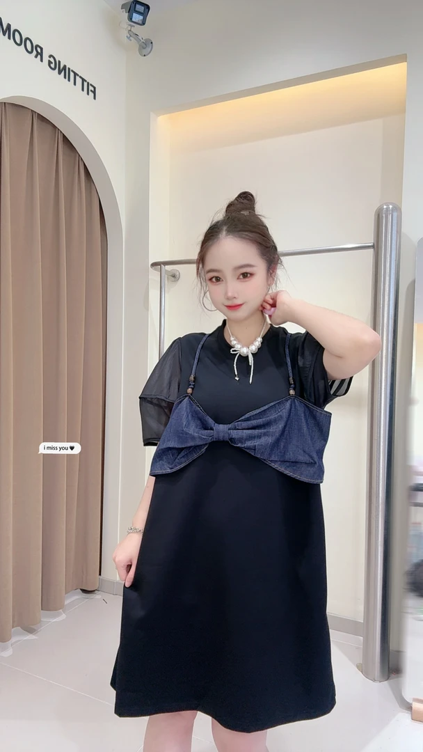 长裙圆领蝴蝶中腰夏季短袖连衣裙黑色拼接宽松时尚气质设计师设计