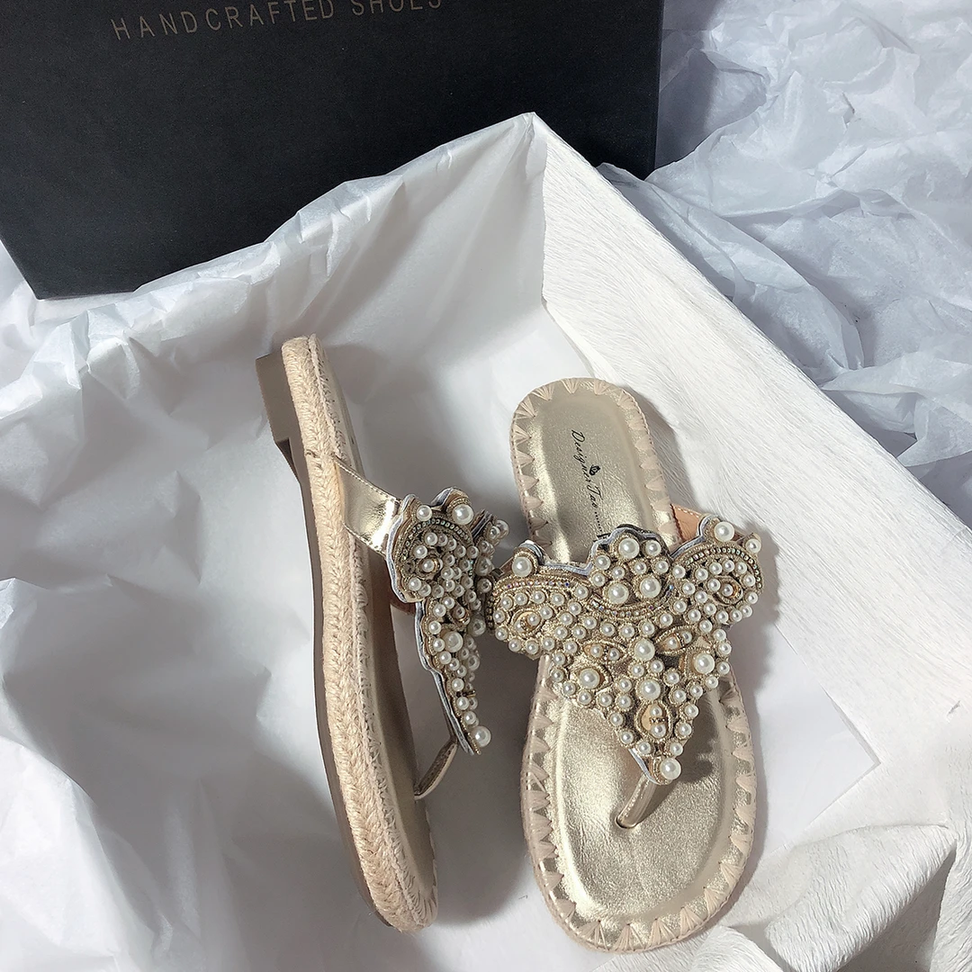 森屿海巷 重工珍珠低跟草编度假风平跟圆头厚底气质露趾真皮拖鞋