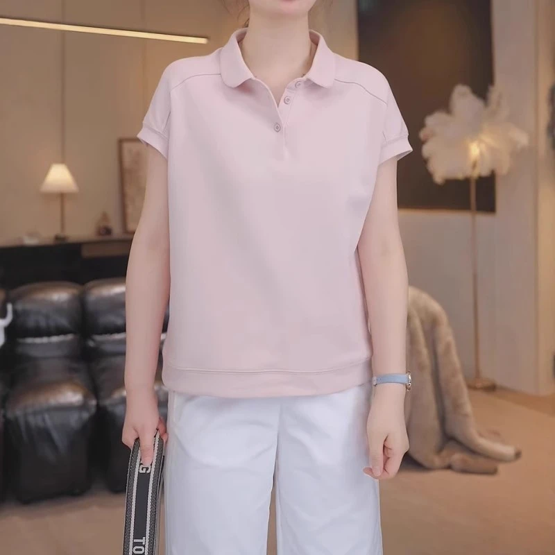 法式翻领纯色短袖T恤女夏季薄款胖MM大码女装休闲宽松polo领上衣