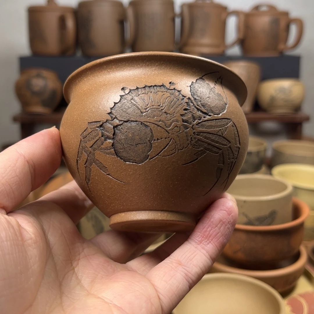 紫砂杯子乾**图螃蟹刻绘紫砂主人杯