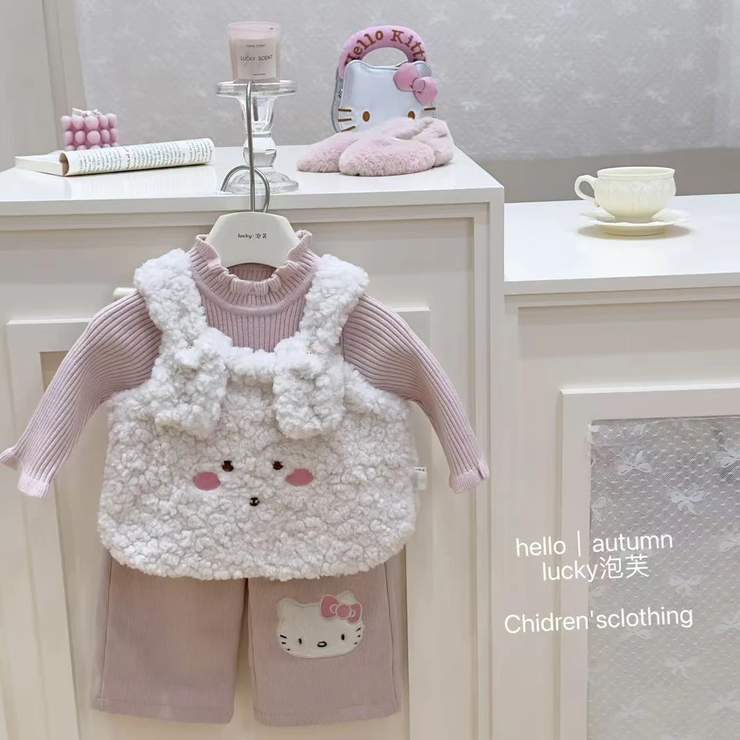 【lucky泡芙】甜美风！女童可爱兔子羔羔毛背心冬季加绒直筒裤两件套