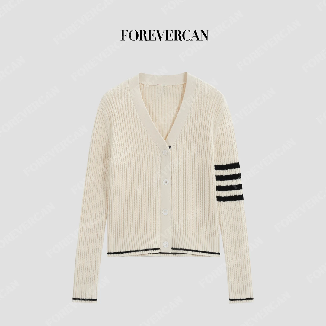 FOREVERCAN“学院范本”经典V领撞色弹力学院风针织开衫MY10058