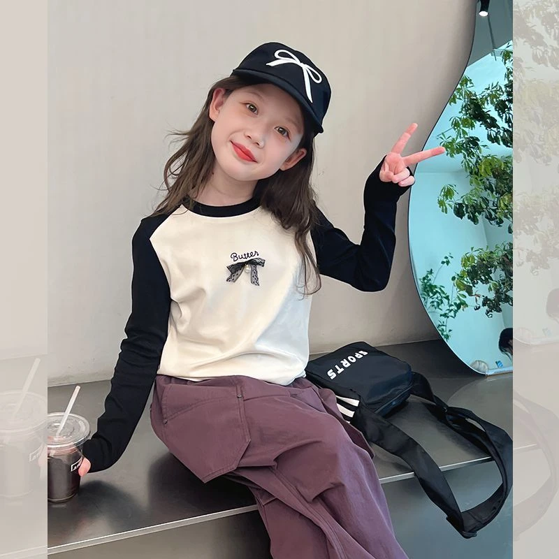女童短款长袖t恤儿童修身上衣洋气时髦中大童打底衫2025春秋新款
