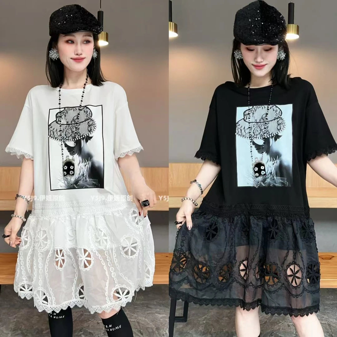 【YJ·高定】2025春夏重工珠片蕾丝宽松显瘦连衣裙百搭半袖女 YY1870