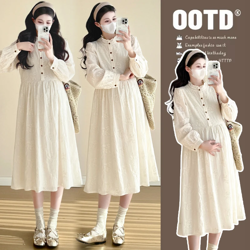 66家~孕妇装春秋新款法式高级感刺绣宽松显瘦绝美外穿长袖连衣裙