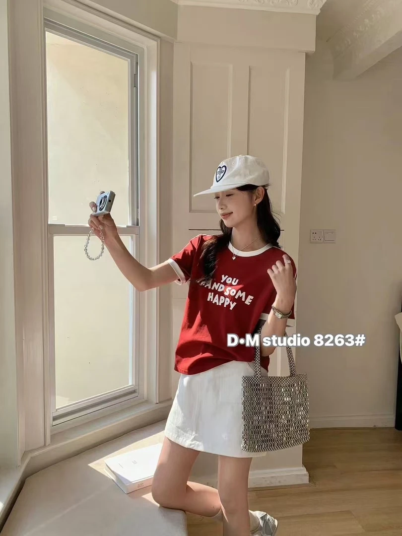 8263春季新款撞色圆领字母印花短袖T恤