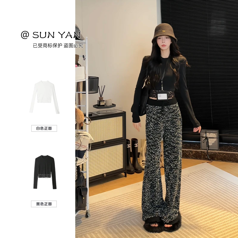 孙妍秋款【玉阳蕾T】设计感蕾丝修身显瘦针织长袖T恤女2025秋季新款