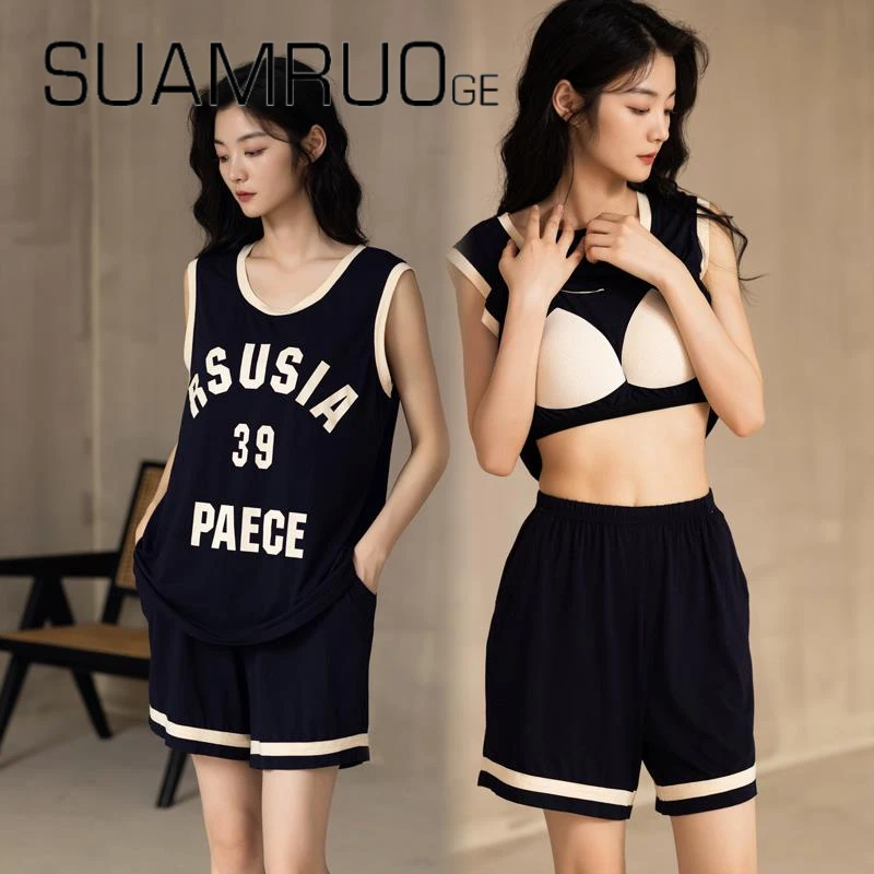 韩版小众带胸垫一体背心睡衣女夏季莫代尔棉短袖家居服套装无袖