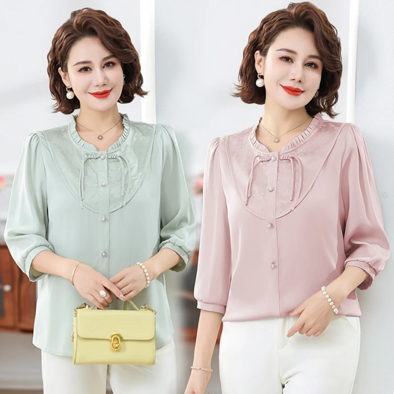 中年妈妈夏装七分袖衬衫上衣2025新款中老年女装春夏季新中式小衫