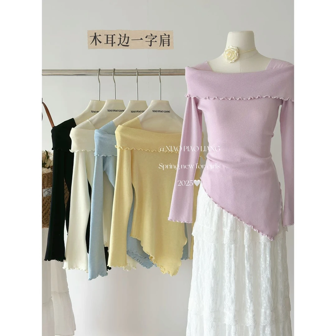 【嘉人有约】韩系不规则木耳边长袖针织衫女春季修身上衣6038#0.13