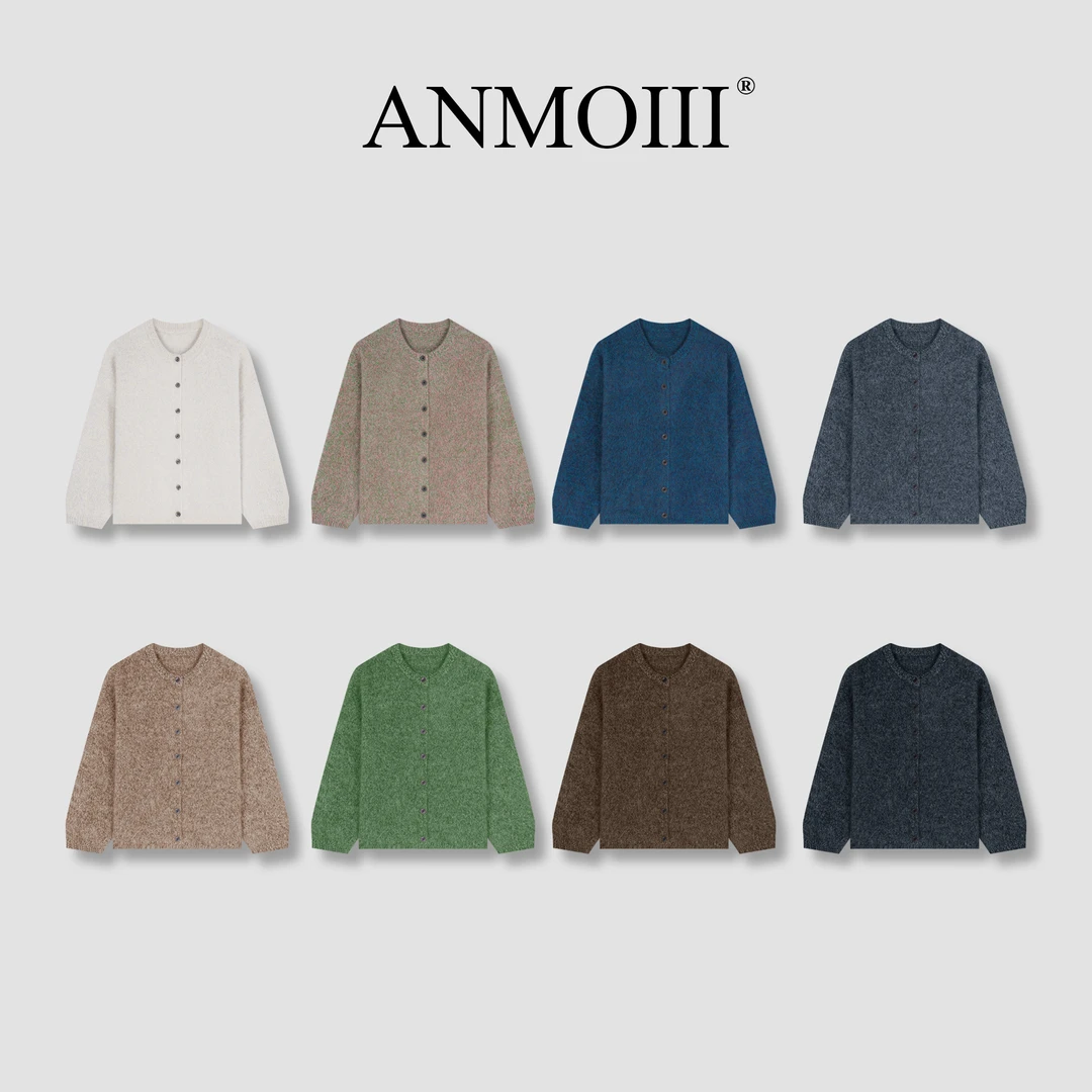 ANMOIII【三股花纱羊绒】全羊毛秋冬季三股花纱拉毛圆领开衫上衣女