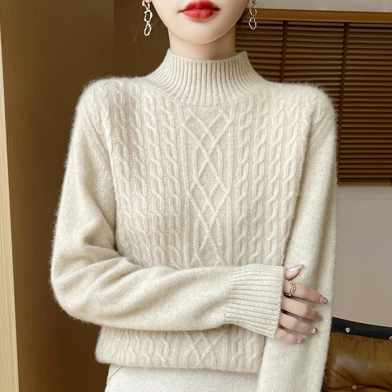 专柜正品100%纯羊绒衫女秋冬新款半高领长袖纯色宽松针织打底衫