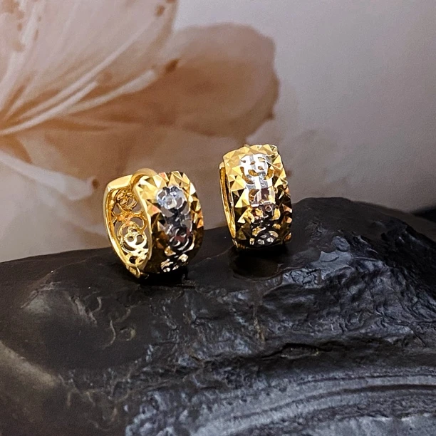 925银耳饰 金丝玫瑰批花镂空菱格金银分色宽面耳扣0501462