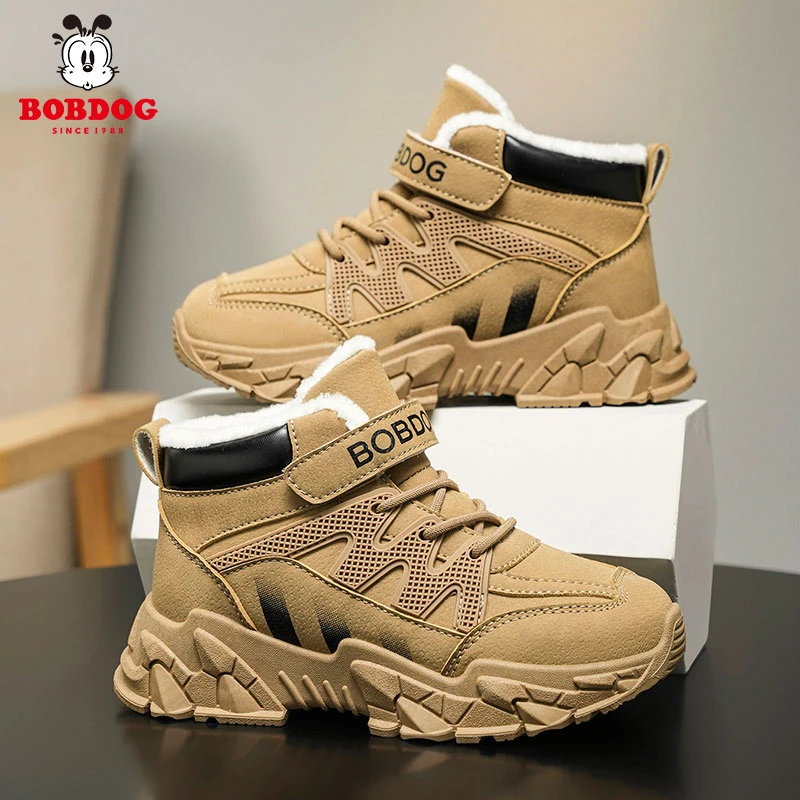 巴布豆儿童马丁靴冬季中大童加绒保暖雪地靴男童棉鞋防滑休闲潮鞋