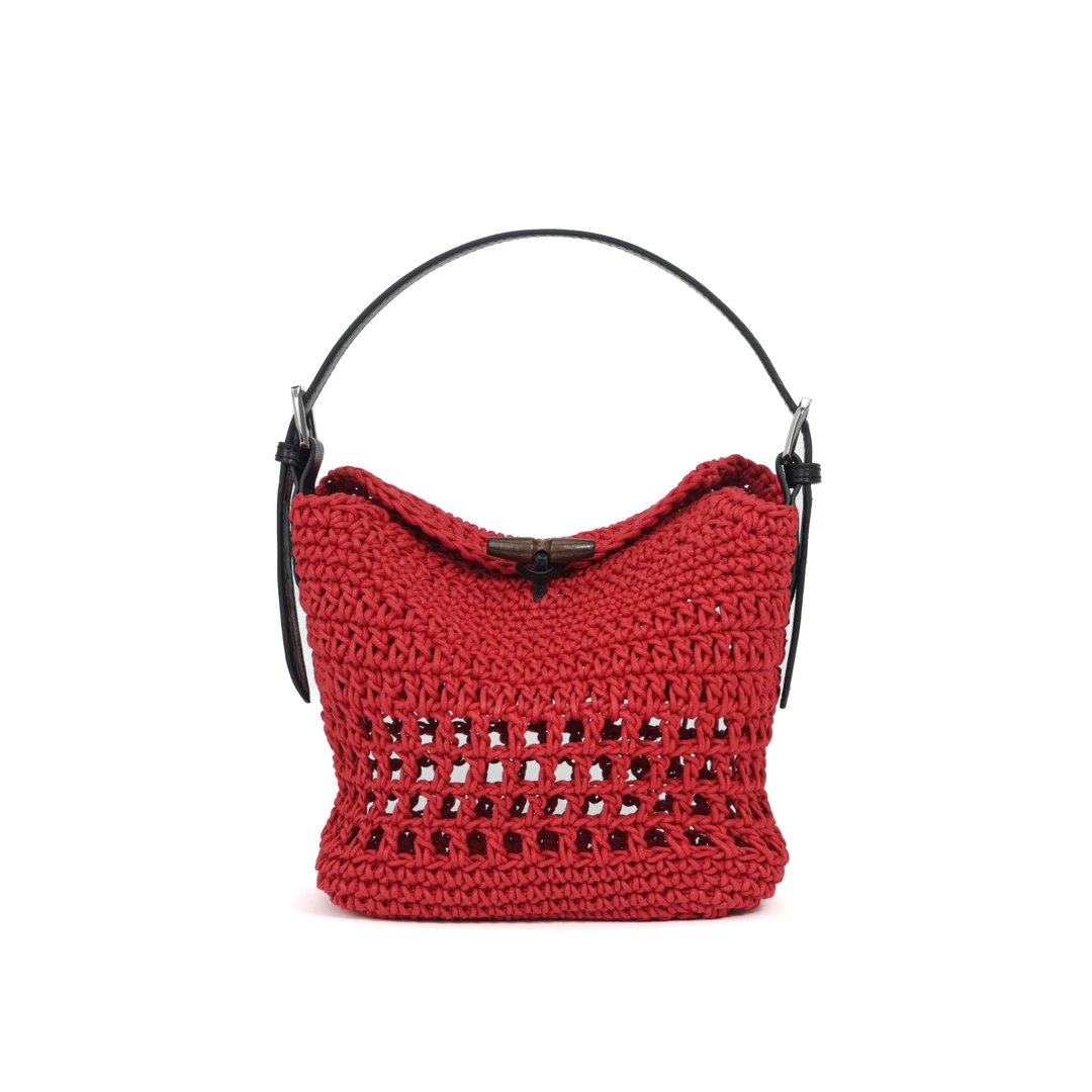 新款小众设计编织包镂空草编包手拎女包2008-1#布朗红【W】